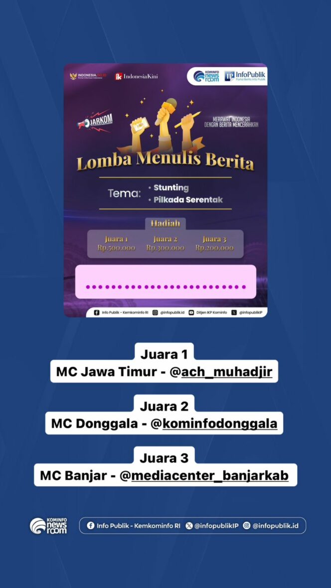 
 Diskominfo Jatim Juara Satu Lomba Menulis Berita yang Digelar Jarkom Ditjen IKP Kominfo