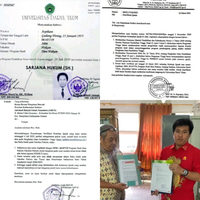 
 Terindikasi Ijazah Palsu S1 Hukum Aspihani, ARUN Kalsel Janjikan Akan Kawal Hingga Tuntas