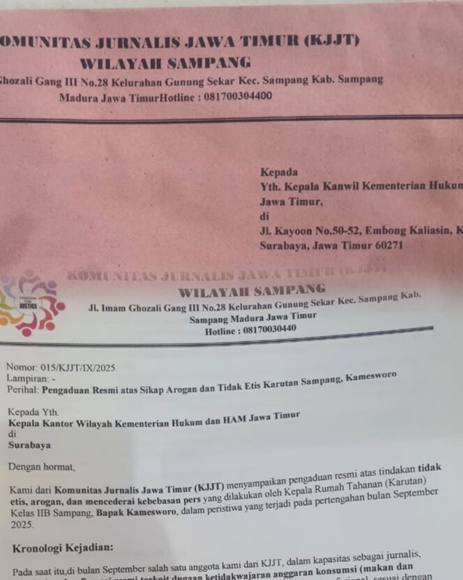 
 Profesi Wartawan Dilecehkan, Karutan Sampang Dilaporkan KJJT ke Kemenkumham