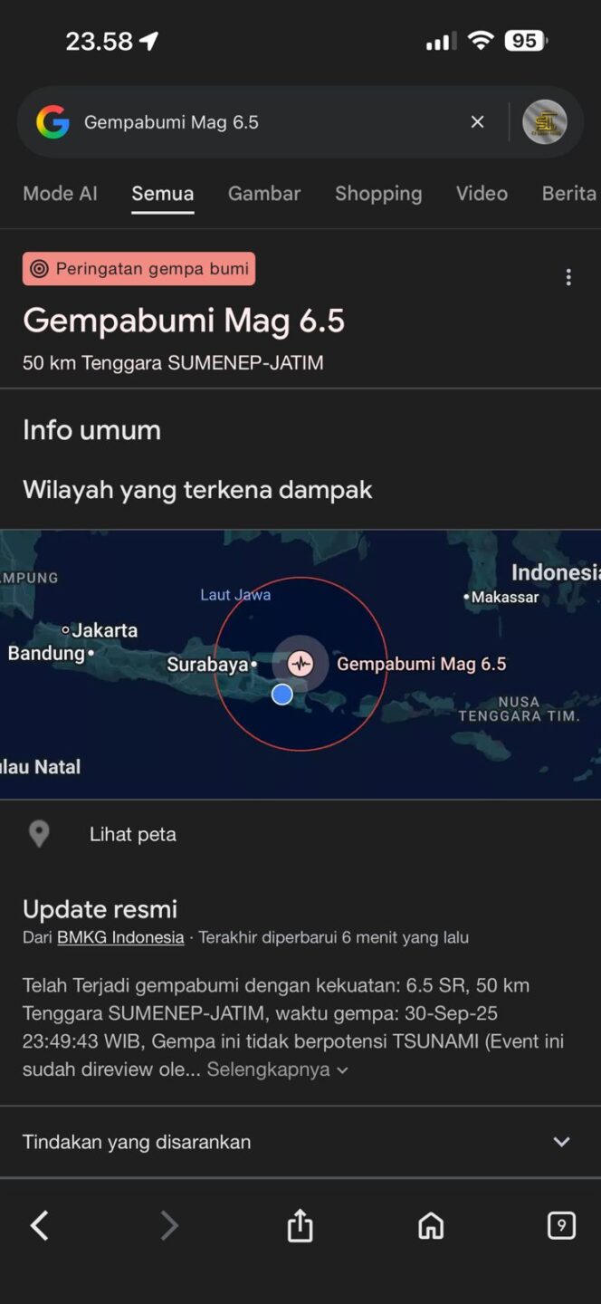 
 Sebagian Besar Wilayah Jawa Timur Diterpa Gempa Dengan Magnitudo 6,5 SR