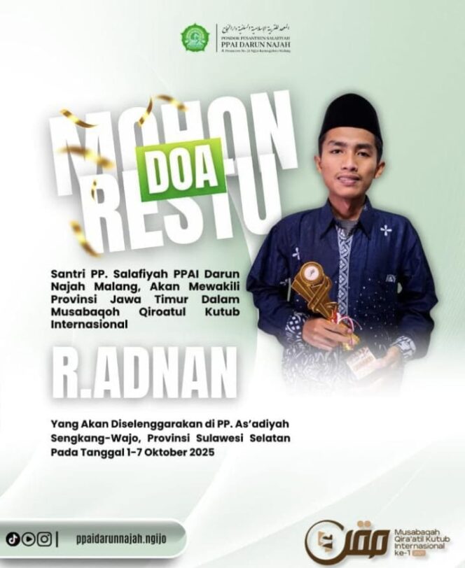 
 R. Adnan Asal Sampang Santri Darun Najah Malang Wakili Jawa Timur di Musabaqoh Qiroatul Kutub Internasional