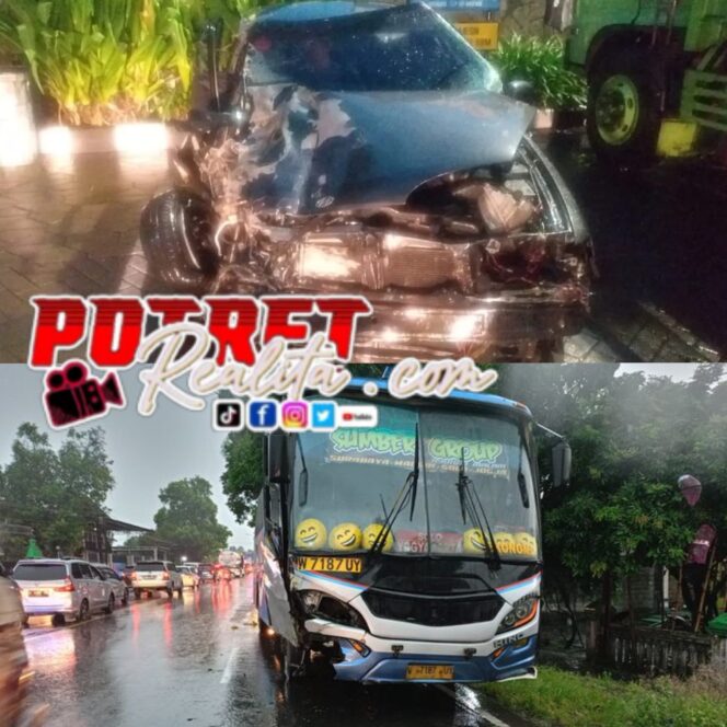 
 Nyalip dari Jalur Berlawanan, Bus Sumber Selamat Tabrak Sedan dan Motor di Balongbendo