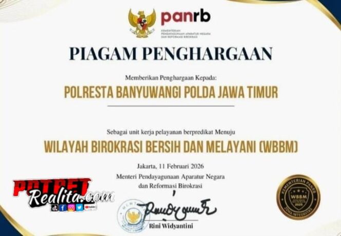 
 Polresta Banyuwangi Raih Penghargaan Zona Integritas Menuju WBBM Tahun 2025