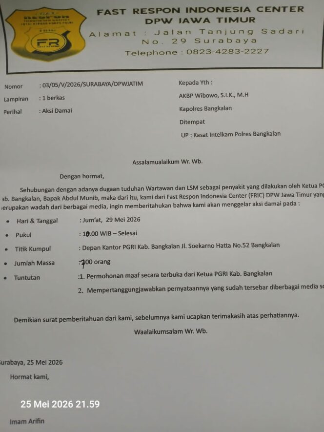 
 Gelombang Protes Membesar! FRIC Jatim Pastikan Demo Akbar di Kantor PGRI Bangkalan