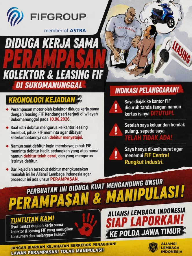 
 Diduga Digiring ke Kantor Leasing, Motor Debitur Raib: ALI Soroti Dugaan Perampasan oleh Oknum Kolektor FIF