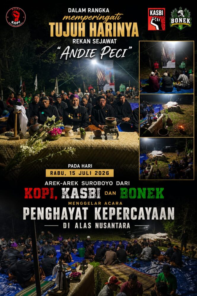 
 Peringati Tujuh Hari Wafat Andie Peci, Arek Suroboyo Gelar Ritual Budo Jawi Wisnu Sukmo Limo di Alas Nusantara