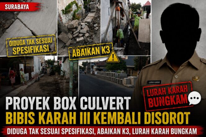 
 Proyek Box Culvert Bibis Karah III Kembali Disorot, Diduga Tak Sesuai Spesifikasi, Abaikan K3, Lurah Karah Bungkam