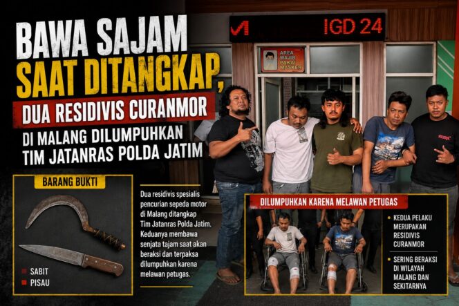 
 Bawa Sajam Saat Ditangkap, Dua Residivis Curanmor di Malang Dilumpuhkan Tim Jatanras Polda Jatim
