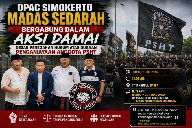 
 DPAC Simokerto MADAS SEDARAH Bergabung dalam Aksi Damai, Desak Penegakan Hukum atas Dugaan Penganiayaan Anggota PSHT