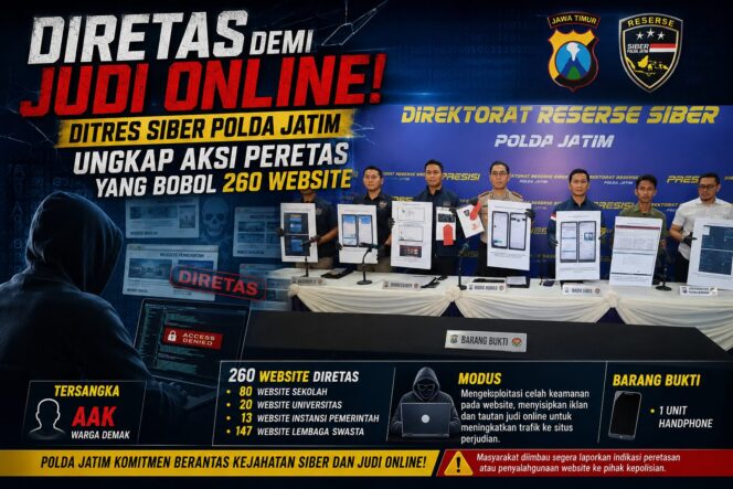 
 Diretas demi Judi Online! Ditres Siber Polda Jatim Ungkap Aksi Peretas yang Bobol 260 Website