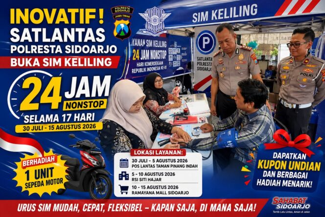 
 Inovatif! Satlantas Polresta Sidoarjo Buka SIM Keliling 24 Jam, Berhadiah Sepeda Motor