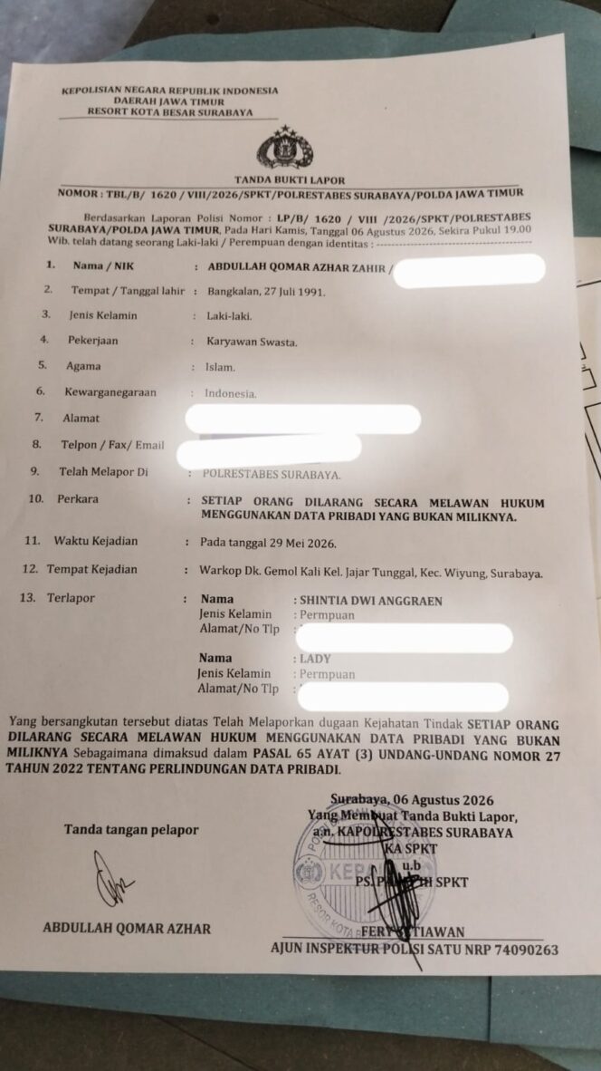 
 Laporan Dugaan Penyalahgunaan Data Pribadi di Polrestabes Surabaya Disorot, Pelapor Klaim Belum Terima SP2HP