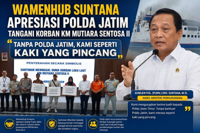 
 Wamenhub Suntana Apresiasi Polda Jatim Tangani Korban KM Mutiara Sentosa II: “Tanpa Polda Jatim, Kami Seperti Kaki yang Pincang”