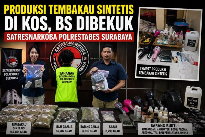 
 Produksi Tembakau Sintetis di Kos, BS Dibekuk Satresnarkoba Polrestabes Surabaya