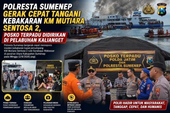 
 Polresta Sumenep Gerak Cepat Tangani Kebakaran KM Mutiara Sentosa 2, Posko Terpadu Didirikan di Pelabuhan Kalianget