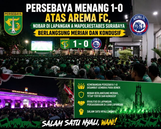 
 Persebaya Menang 1-0 atas Arema FC, Nobar di Lapangan A Mapolrestabes Surabaya Berlangsung Meriah dan Kondusif