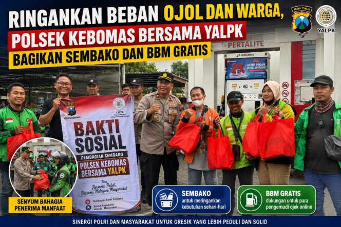 
 Ringankan Beban Ojol dan Warga, Polsek Kebomas Bersama YALPK Bagikan Sembako dan BBM Gratis