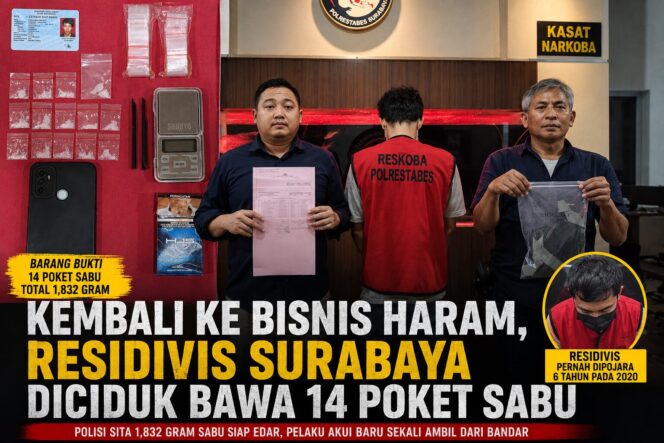 
 Kembali ke Bisnis Haram, Residivis Surabaya Diciduk Bawa 14 Poket Sabu