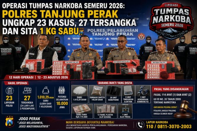 
 Operasi Tumpas Narkoba Semeru 2026: Polres Tanjung Perak Ungkap 23 Kasus, 27 Tersangka dan Sita 1 Kg Sabu