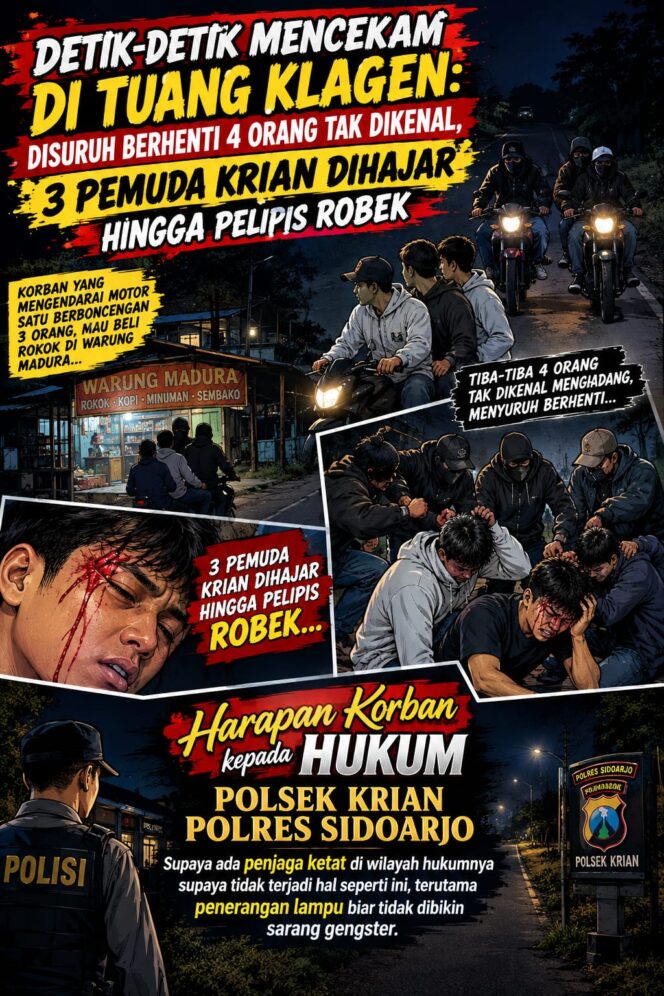 
 Jalan Gelap di Krian Jadi Sarang Gengster, 3 Pemuda Dikeroyok Saat Berboncengan Beli Rokok