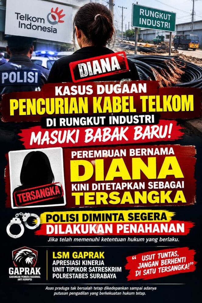 
 Diana Jadi Tersangka Dugaan Pengambilan Kabel Telkom di Rungkut Industri, GAPRAK Apresiasi Kinerja Polisi