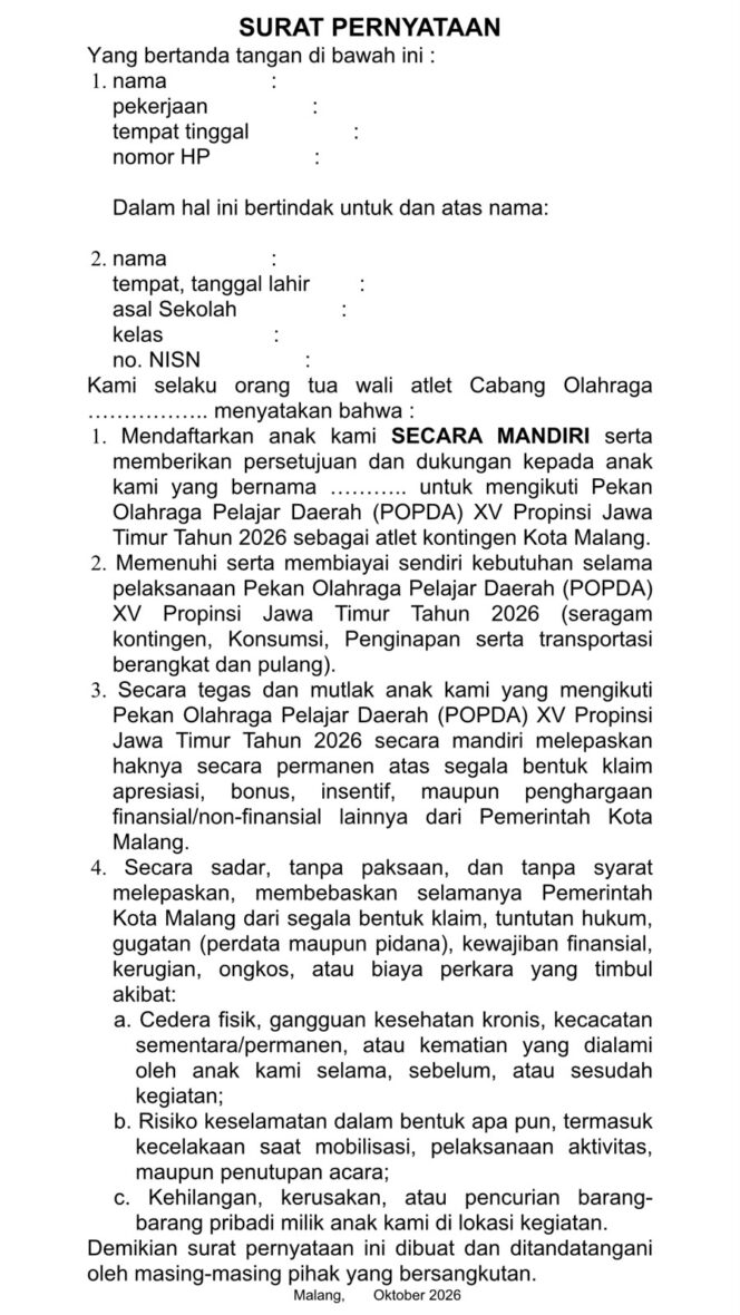 
 Ironi, Atlet Popda Kota Malang, Berjuang Bawa Nama Daerah, diminta Biaya Sendiri hingga Lepas Hak Apresiasi