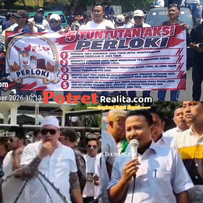 
 Ribuan Massa PERLOKI Geruduk Kantor Gubernur Jatim, Tuntut Perlindungan Pedagang Rokok Lokal dan Solusi Cukai