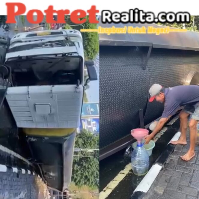 
 Hindari Pemotor, Truk Tangki Terguling di Kebomas Gresik, Jalan Raya Jadi Licin